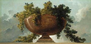 Hubert Robert - A porphyry vase with flowers and garlands silhouetted against the sky