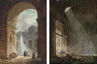 Hubert Robert - A Ruined Gallery With Shepherds By A Fountain; And A Fountain Surrounded By An Arcade With Peasants And Women Fetching Water