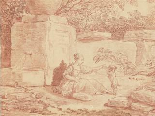 Hubert Robert - A seated girl playing with a puppy