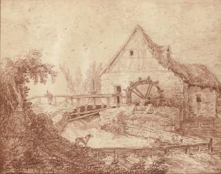 Hubert Robert - A watermill with a peasant on a bridge and a dog standing on the riverbank