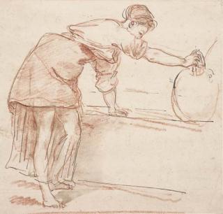 Hubert Robert - A woman filling a water jar at a fountain