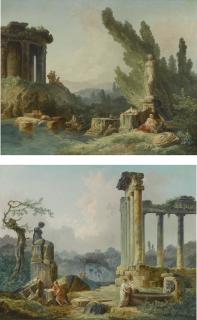 Hubert Robert - A Woman Fishing And Other Figures By Roman Ruins; Women Drawing Water From A Basin While A Man Contemplates A Classical Statue