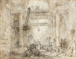 Hubert Robert - An architectural capriccio of the ruins of a grand palace with \'Le Retour du Bétail\'