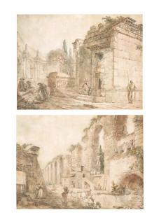 Hubert Robert - An architectural capriccio with figures before the temple of Jupiter at Split; and Architectural capriccio with a fountain and the ruins of the Salona\'s aqueduct at Split