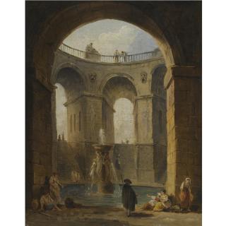 Hubert Robert - An Architectural Capriccio With Figures Gathered Around A Fountain