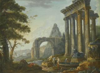 Hubert Robert - An Architectural Capriccio With The Temple Of Concordia, The Arch Of Titus And The Pyramid Of Caius Cestius, With Figures Before A Fountain In The Foreground