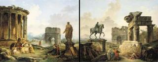 Hubert Robert - Capricci of classical ruins: the first with figures by the Temple of Vesta and the Arch of Titus; the second with figures by the equestrian statue of Marcus Aurelius and the Temple of Vespasian