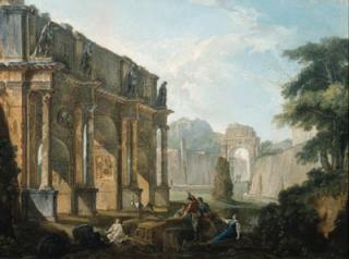 Hubert Robert - Capricci of Roman ruins with figures conversing and resting