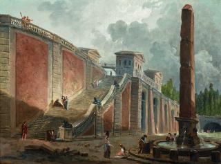 Hubert Robert - Capriccio Of A Monumental Staircase And Fountain In The Grounds Of A Villa
