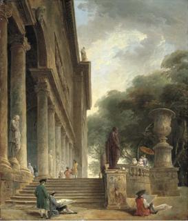 Hubert Robert - Colonnade Et Jardins du Palais Médici: Gentlemen Sketching In An Italianate Garden; And Restes du Palais du Pape Jules: An Architectural Capriccio With Haymakers