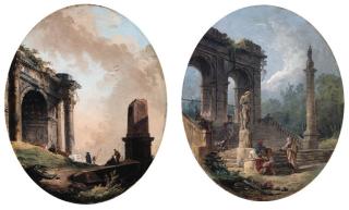 Hubert Robert - Drovers and their livestock before a ruined arch and obelisk; and Figures conversing on a ruined staircase