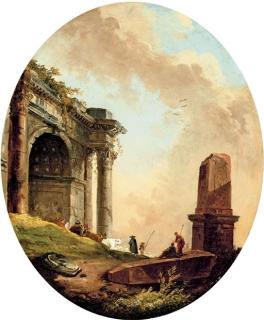 Hubert Robert - Drovers and their livestock before a ruined arch and obelisk
