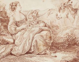 Hubert Robert - Femme Assise Avec Un Jeune Garçon Nourissant Un Âne