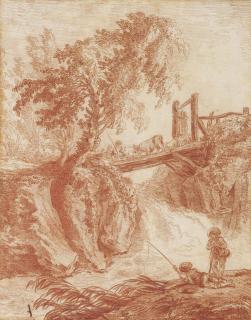 Hubert Robert - Figures and cattle crossing a bridge, anglers in the foreground