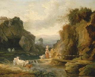 Hubert Robert - Figures by a footbridge in a rocky river landscape