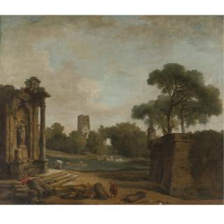 Hubert Robert - Figures In A Landscape With Roman Ruins And A Gothic Tower