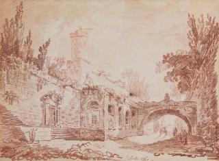 Hubert Robert - Figures On A Road Beside A Walled Village, A Cart Beyond The Bridge