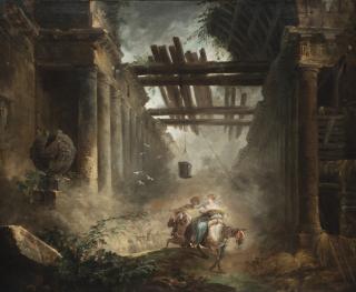 Hubert Robert - Figures On Horseback Departing A Ruined, Vaulted Building With Colonnades