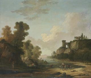 Hubert Robert - Figures on the banks of a lake with classical ruins