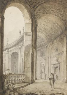Hubert Robert - Figures Strolling In The Colonnade Of The Palazzo Farnese At Caprarola