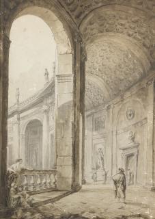 Hubert Robert - Figures strolling in the colonnade of the Palazzo Farnese at Caprarola