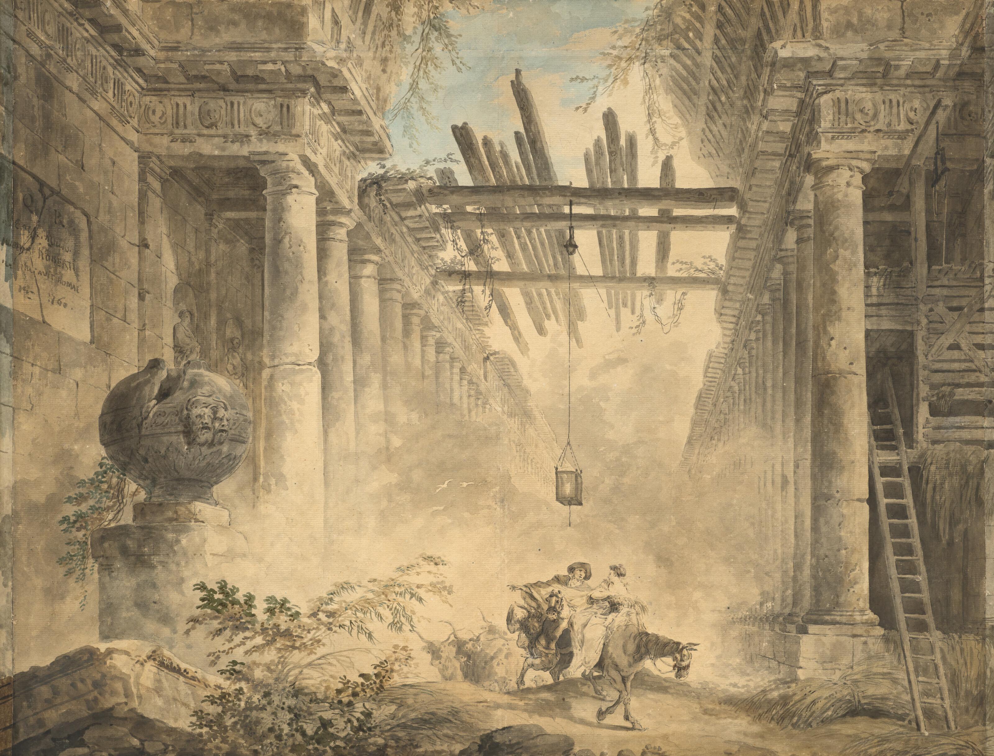 Hubert Robert - Galerie en ruines avec un couple à cheval au centre