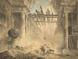 Hubert Robert - Galerie en ruines avec un couple à cheval au centre