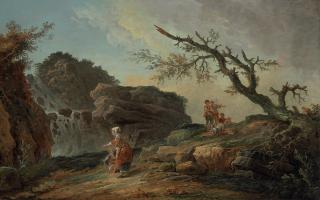 Hubert Robert - La Cascade: a rocky hillside with a peasant woman and child near a waterfall and boys resting by a blasted tree