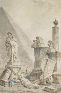 Hubert Robert - \'La Fileuse\': Capriccio With A Woman Spinning By The Pyramid Of Cestius, Amid Other Roman Sculptures And Remains