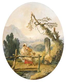 Hubert Robert - La Passerelle: A woman and child on a bridge on the Via Appia