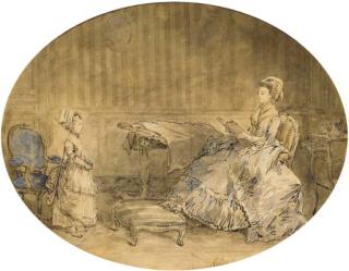 Hubert Robert - \'La Récitation\': An interior with a child reciting to her mother