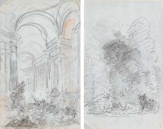 Hubert Robert - Le Christ chassant les marchands du Temple (recto); Personnages sur une allée bordée d\'arbres (verso)