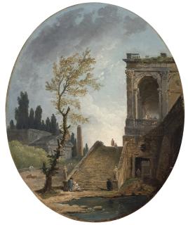 Hubert Robert - Palais Italien: A capriccio of classical ruins with a staircase leading from a pool to a loggia, a temple and an obelisk beyond