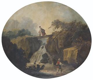 Hubert Robert - Paysage de cascade avec un pont