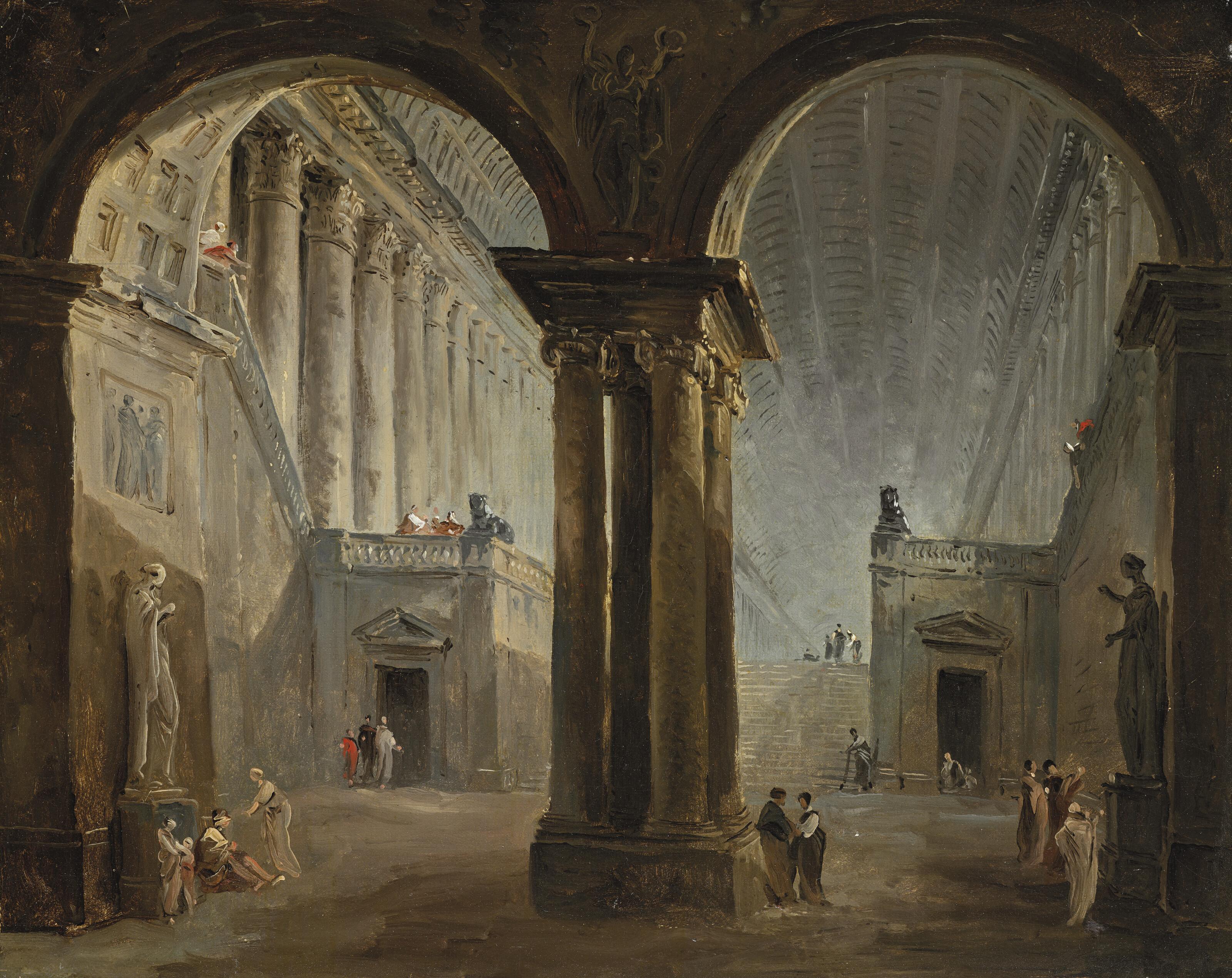 Hubert Robert - Personnages dans une galerie antique