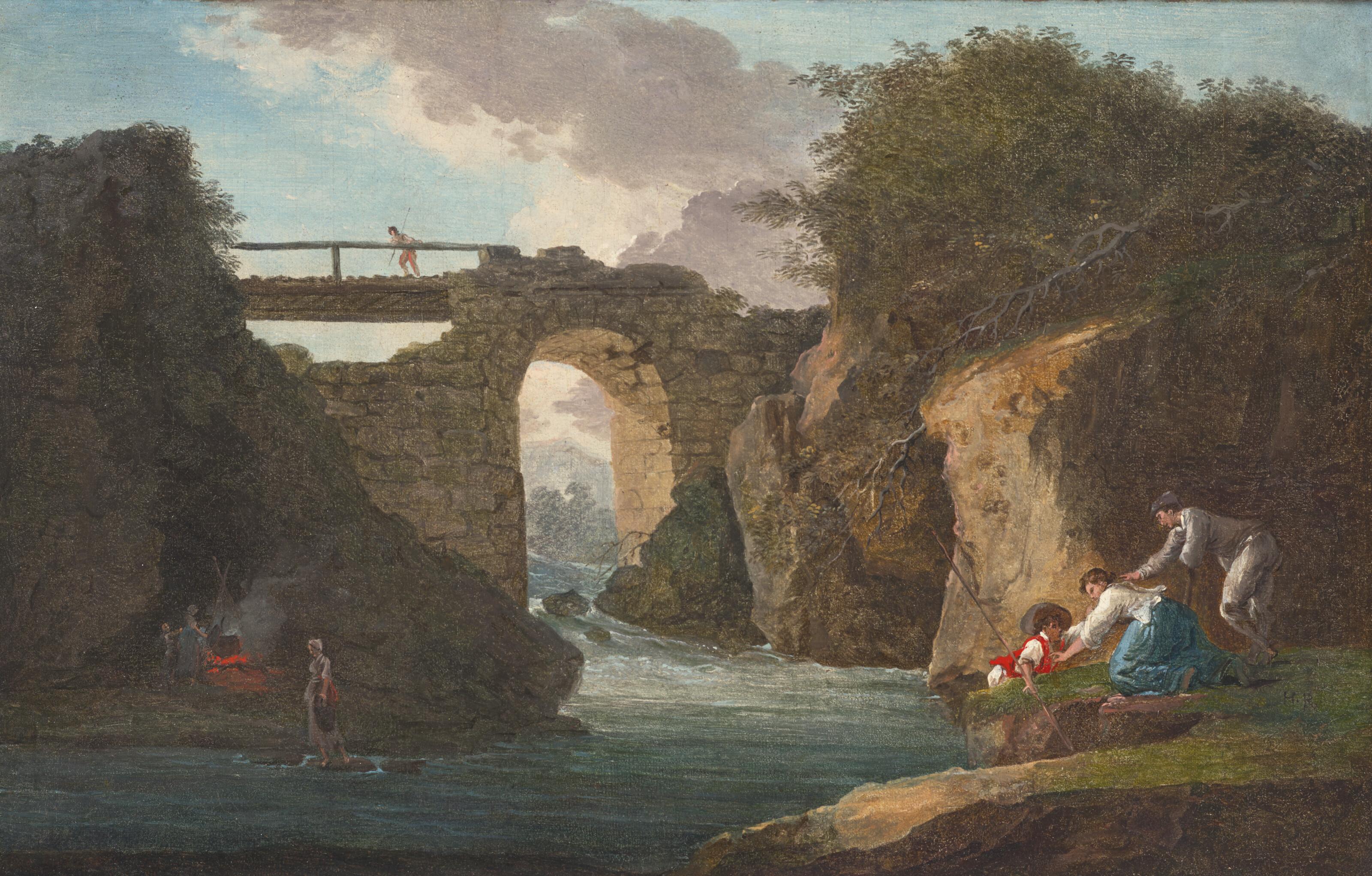 Hubert Robert - Personnages le long d\'une rivière surmontée d\'un pont