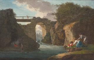 Hubert Robert - Personnages le long d\'une rivière surmontée d\'un pont