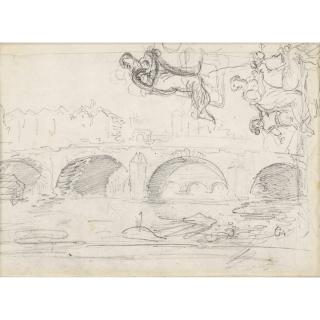 Hubert Robert - Recto: Feuille D\'Études Avec Le Pont Notre-Dame, Et Diverses Figures; Verso: Lampe Romaine Et Tête De Griffon