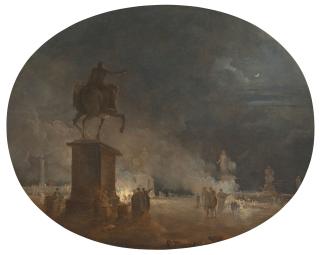 Hubert Robert - Rome, Piazza del Campidoglio, at night, with the Equestrian Statue of Marcus Aurelius and figures lighting bonfires