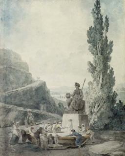 Hubert Robert - Sans Culottes drinking at a fountain with a statue of Liberty by the tree of Liberty