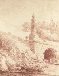 Hubert Robert - Steps by a bridge with figures mooring a small boat