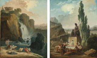 Hubert Robert - The \'Fountain Of Liberty\'; Artists Sketching At Tivoli
