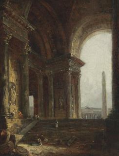 Hubert Robert - The Interior Of A Roman Palace, An Obelisk Beyond