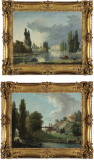 Hubert Robert - The Lake And Château At Méréville; The Rustic Bridge And The Temple Of Filial Piety At Méréville