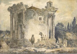 Hubert Robert - The Temple Of The Sibyl At Tivoli, A Man In A Cloak And Hat Standing On The Steps, A Group Of Monks To The Right