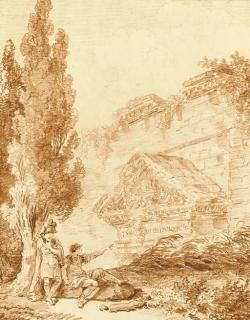 Hubert Robert - Two Roman soldiers resting by a ruined temple