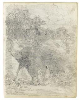 Hubert Robert - Two Sketchbook Pages: A)  View Of The Temple Of Hercules At Cori, Figures In The Foreground B)  Monks Conversing By A Rocky Outcrop