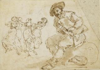 Hubert Robert - Un homme assis jouant de la cornemuse et des femmes dansant à l\'arrière-plan (recto); Croquis (verso)