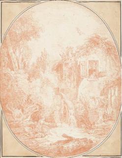 Hubert Robert - Un paysage, un moulin à eau, une lavandière et d\'autres figures au premier plan