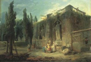 Hubert Robert - Une fontaine avec des lavandières dans un parc orné de sculptures antiques